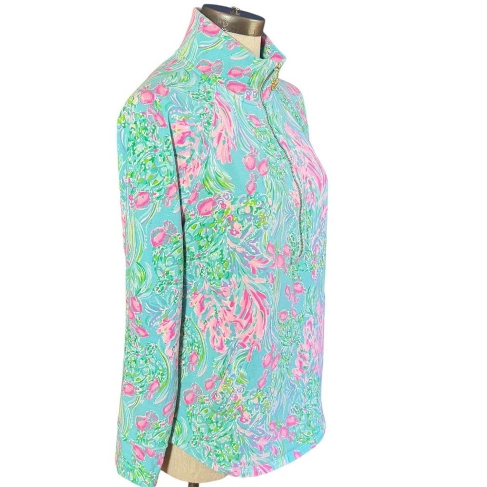 Lilly Pulitzer Womens Turquoise Pink Coral Print Quarter Zip Pullover Large - Picture 3 of 9